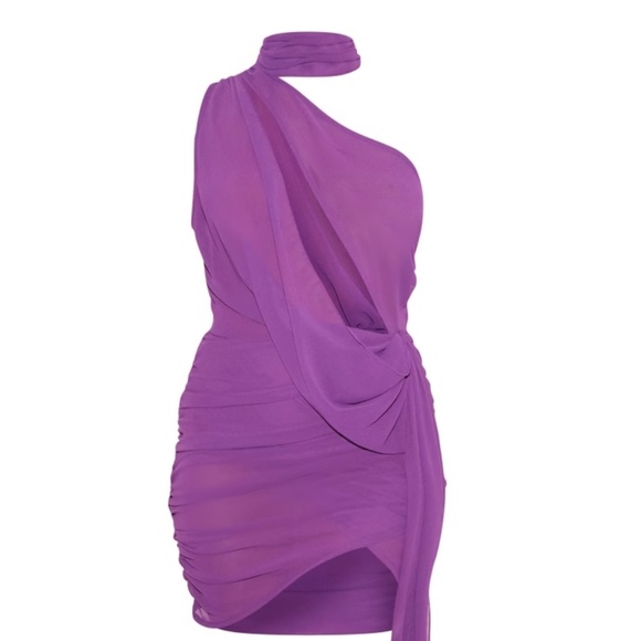 Purple Sheer Chiffon Ruched Detail Asymmetric Drape Bodycon Dress - Picture 2 of 7